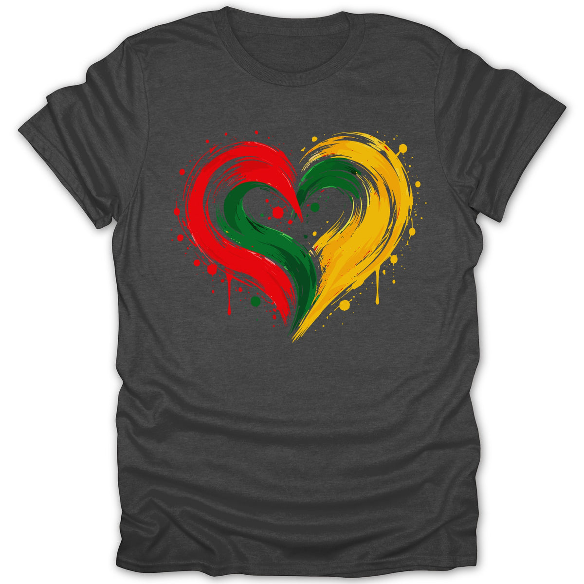 Dark gray t-shirt with a colorful heart design in red, green, and yellow paint strokes.