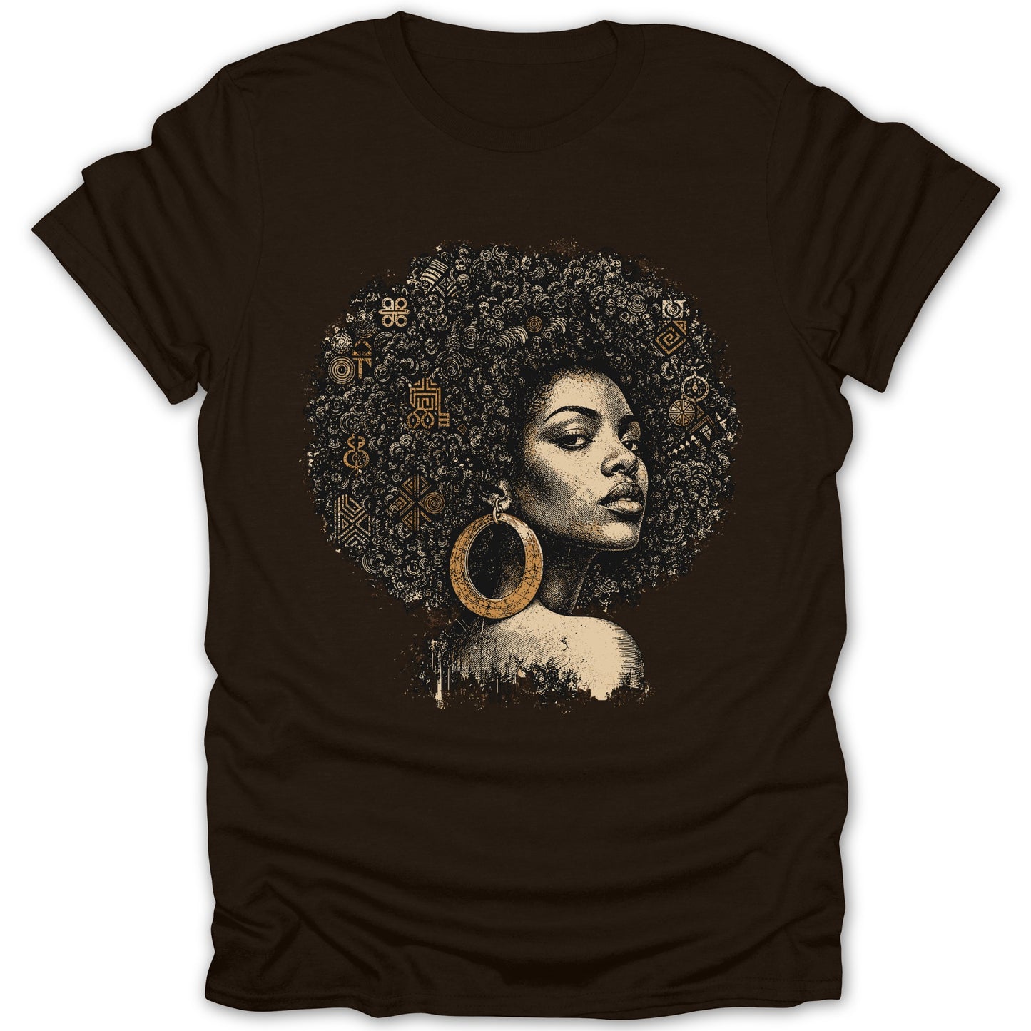 Brown t-shirt with portrait of a woman with an afro adorned with patterns.