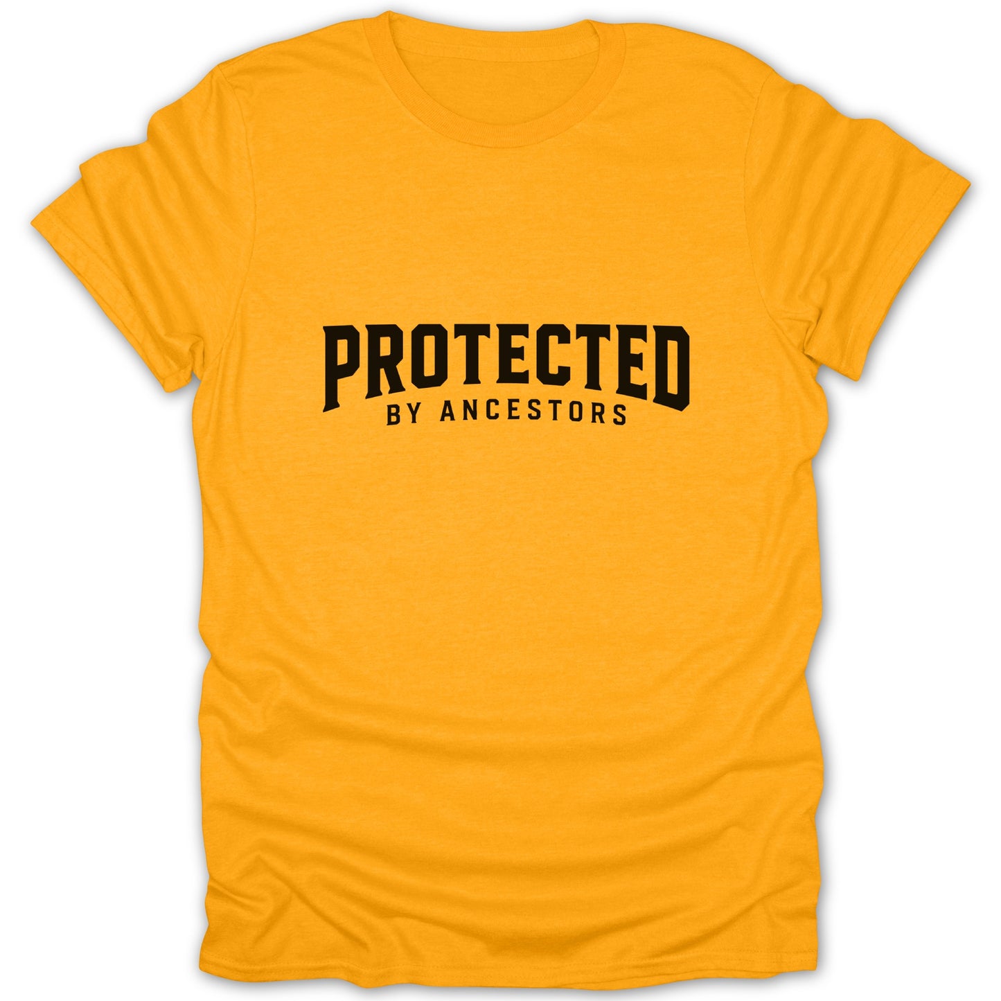 Yellow t-shirt with black text "PROTECTED BY ANCESTORS"