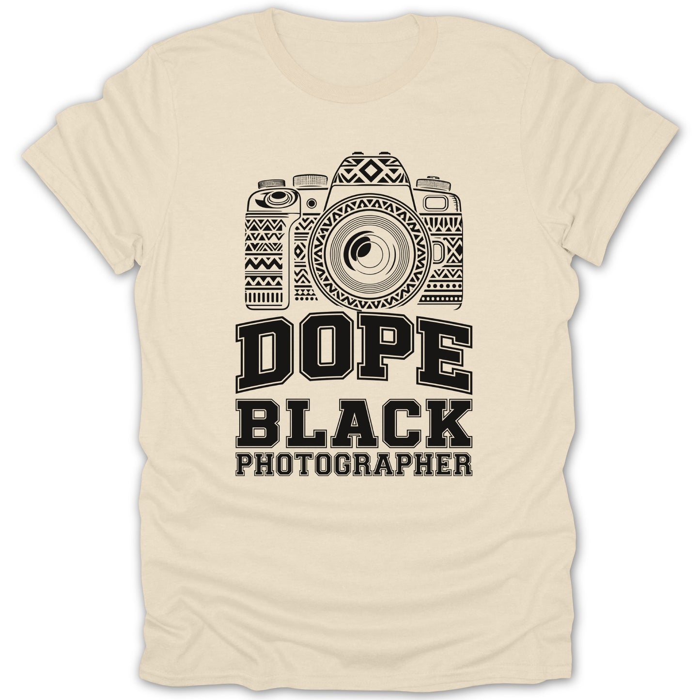 Cream t-shirt with black graphic of a camera and text: Dope Black Photographer.
