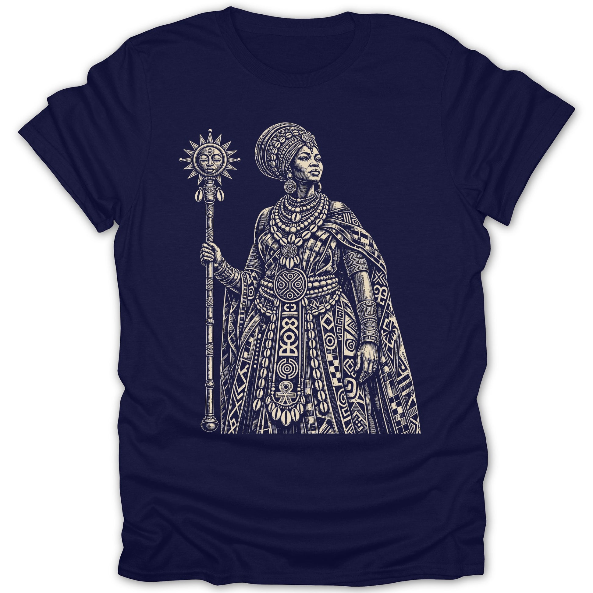 Woman in traditional attire holding a sun staff with intricate patterns.