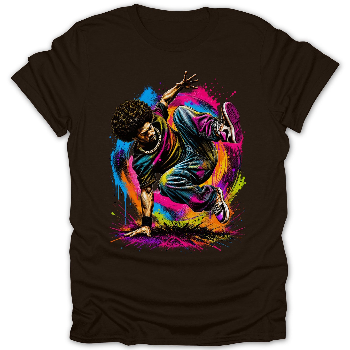 Breakdancer with afro in colorful paint splash pose on brown t-shirt.