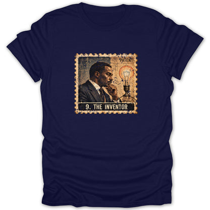 Dark blue t-shirt featuring a vintage postage stamp graphic with a man and a lightbulb.