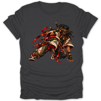 Illustration of a warrior with dreadlocks in dynamic crouching pose, holding swords.