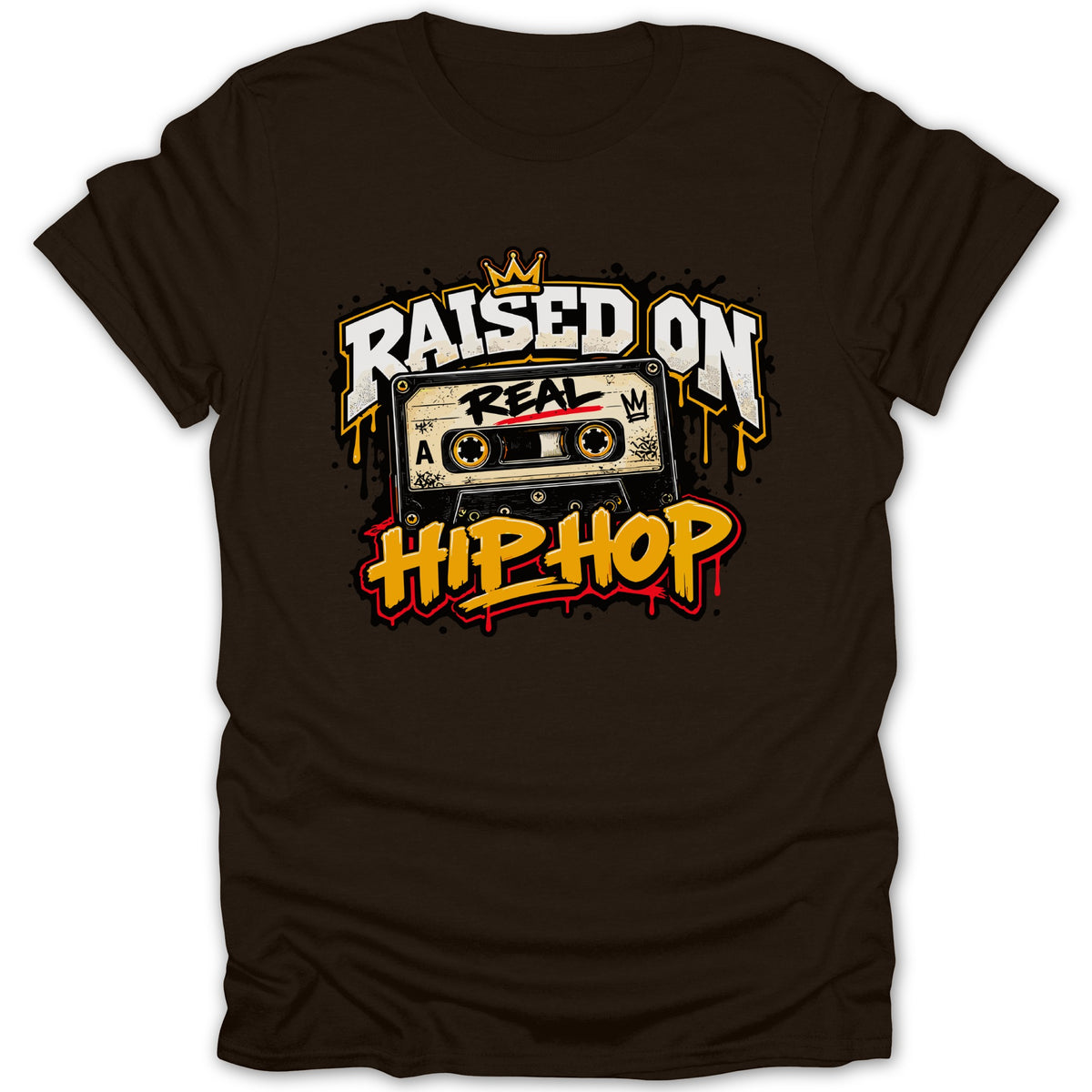 Brown t-shirt with "Raised On Real Hip Hop" text and cassette tape graphic.
