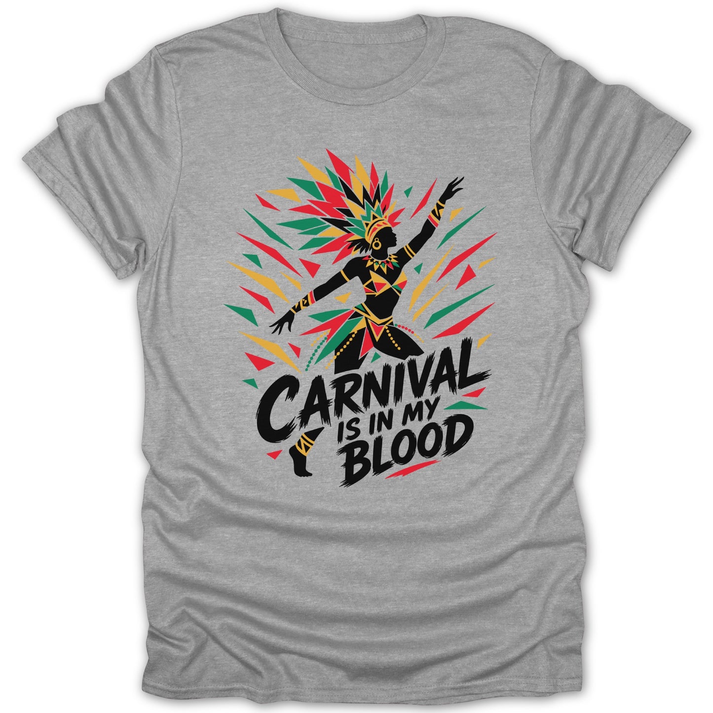 Black silhouette of a dancer in carnival attire with text "Carnival Is In My Blood."
