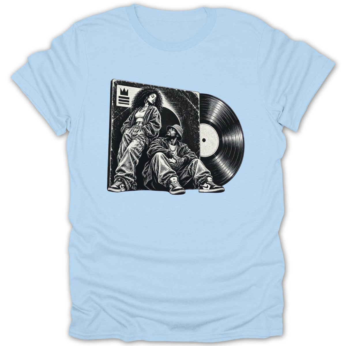 Black and white illustration of a couple and a vinyl record on a light blue t-shirt.