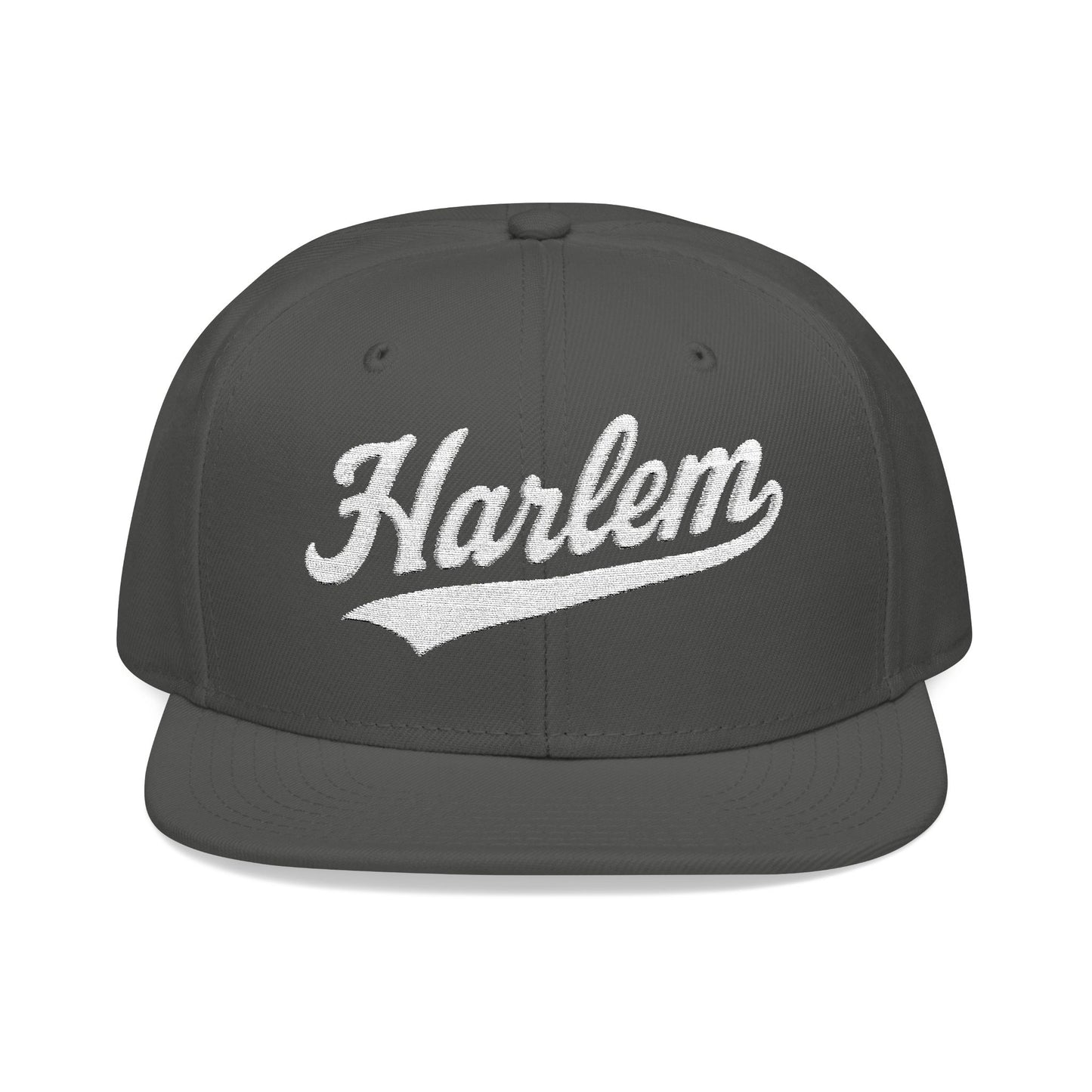 Dark grey baseball cap with white "Harlem" text embroidery.