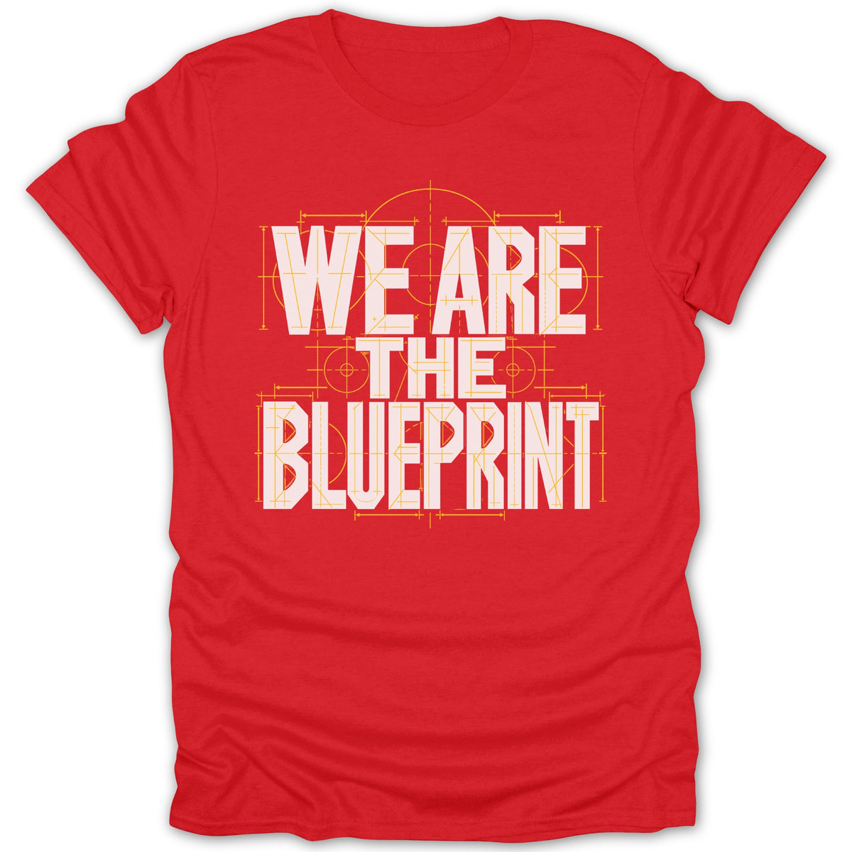 Red t-shirt with white text "WE ARE THE BLUEPRINT" in blueprint style.