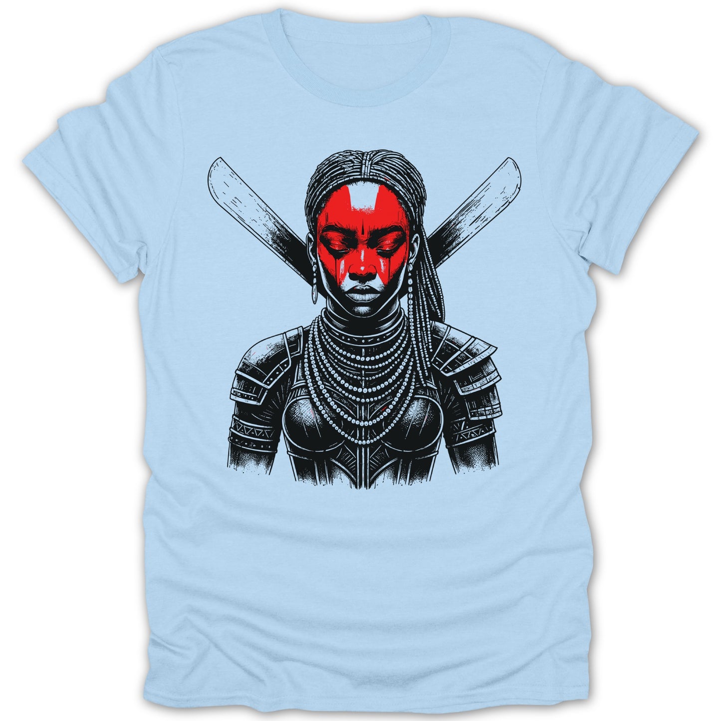 Black and white illustration of woman warrior with red face paint and crossed weapons on light blue shirt.