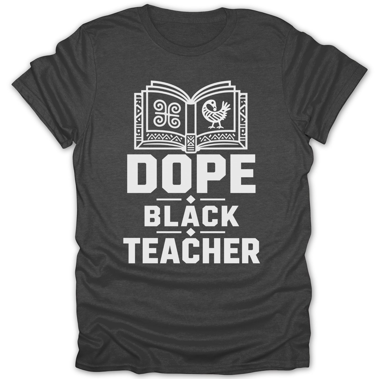 T-shirt with open book, bird, and "Dope Black Teacher" text.