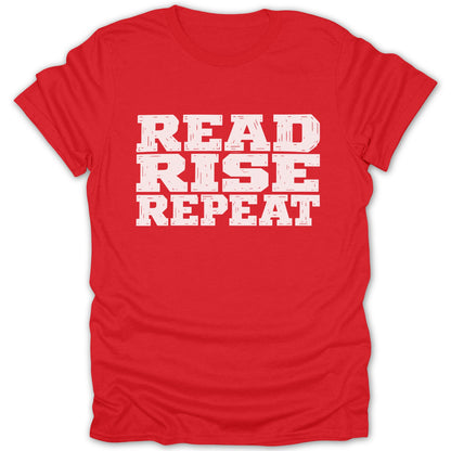 Red t-shirt with white text reading "READ RISE REPEAT".