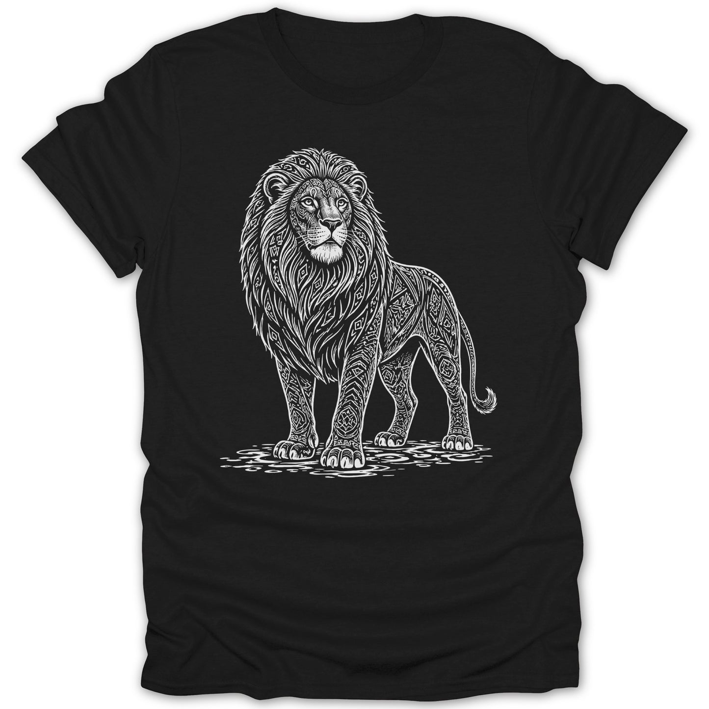 Black t-shirt with a white, ornatel pattern of a lion standing on abstract water.