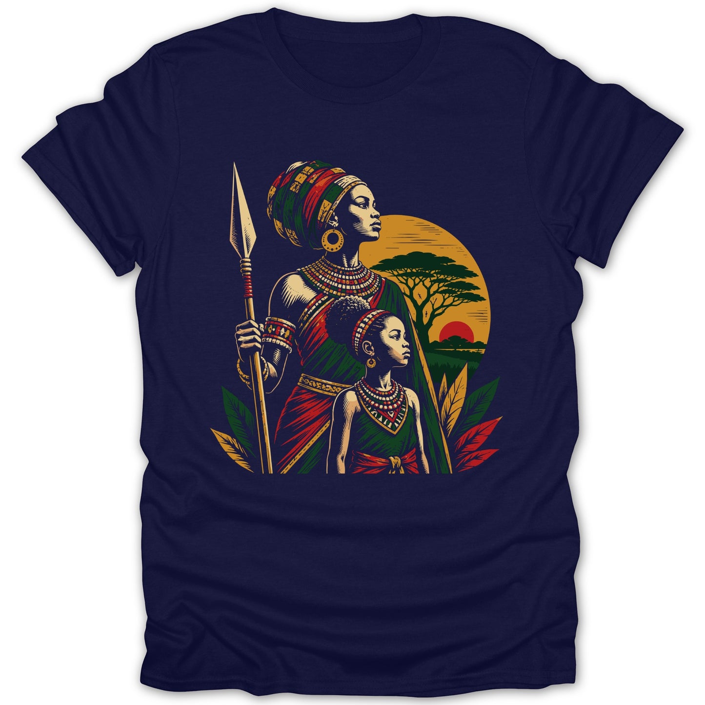 Two women, one holding a spear, stand against a sunset savanna background.