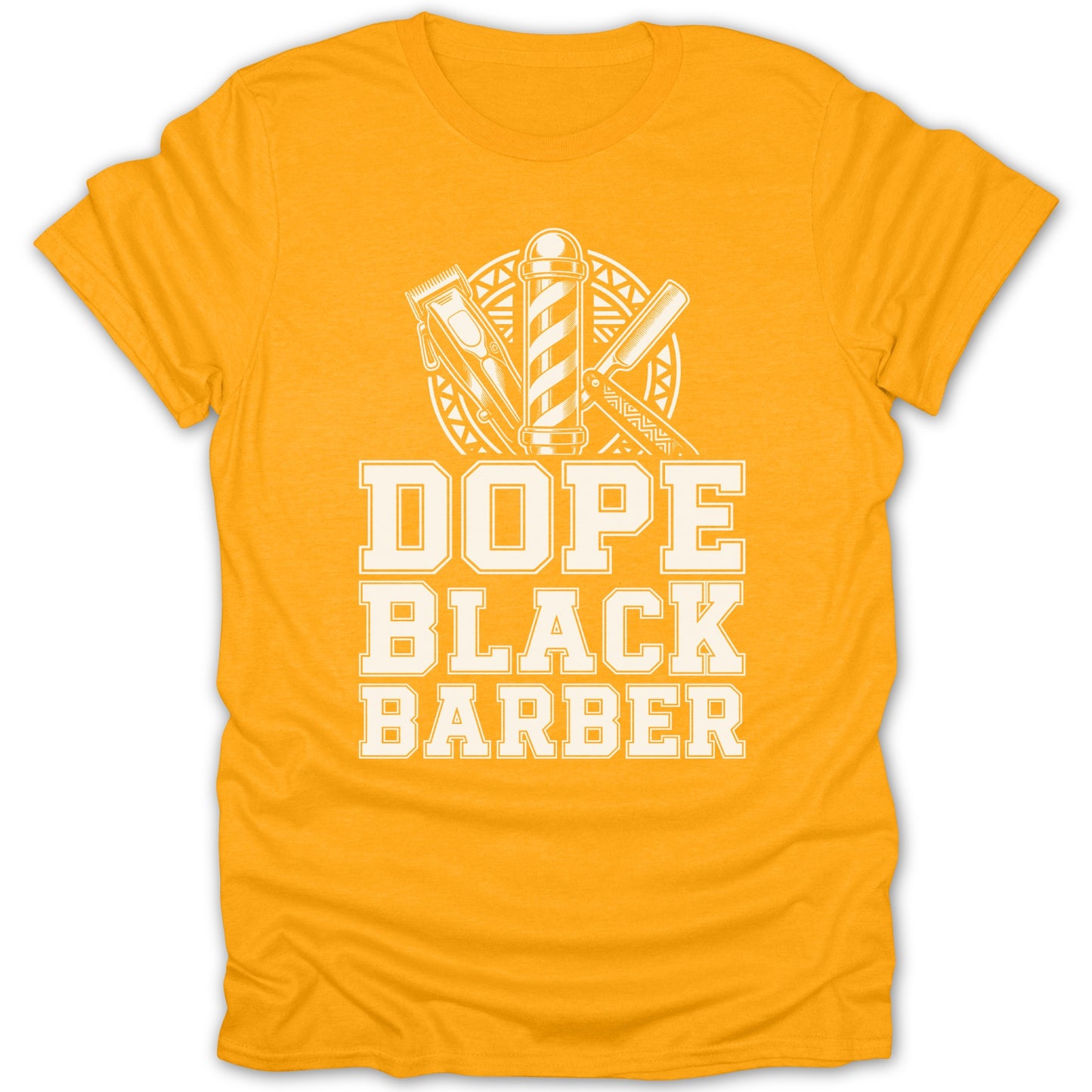 Orange t-shirt with "Dope Black Barber" text and barber pole graphic.