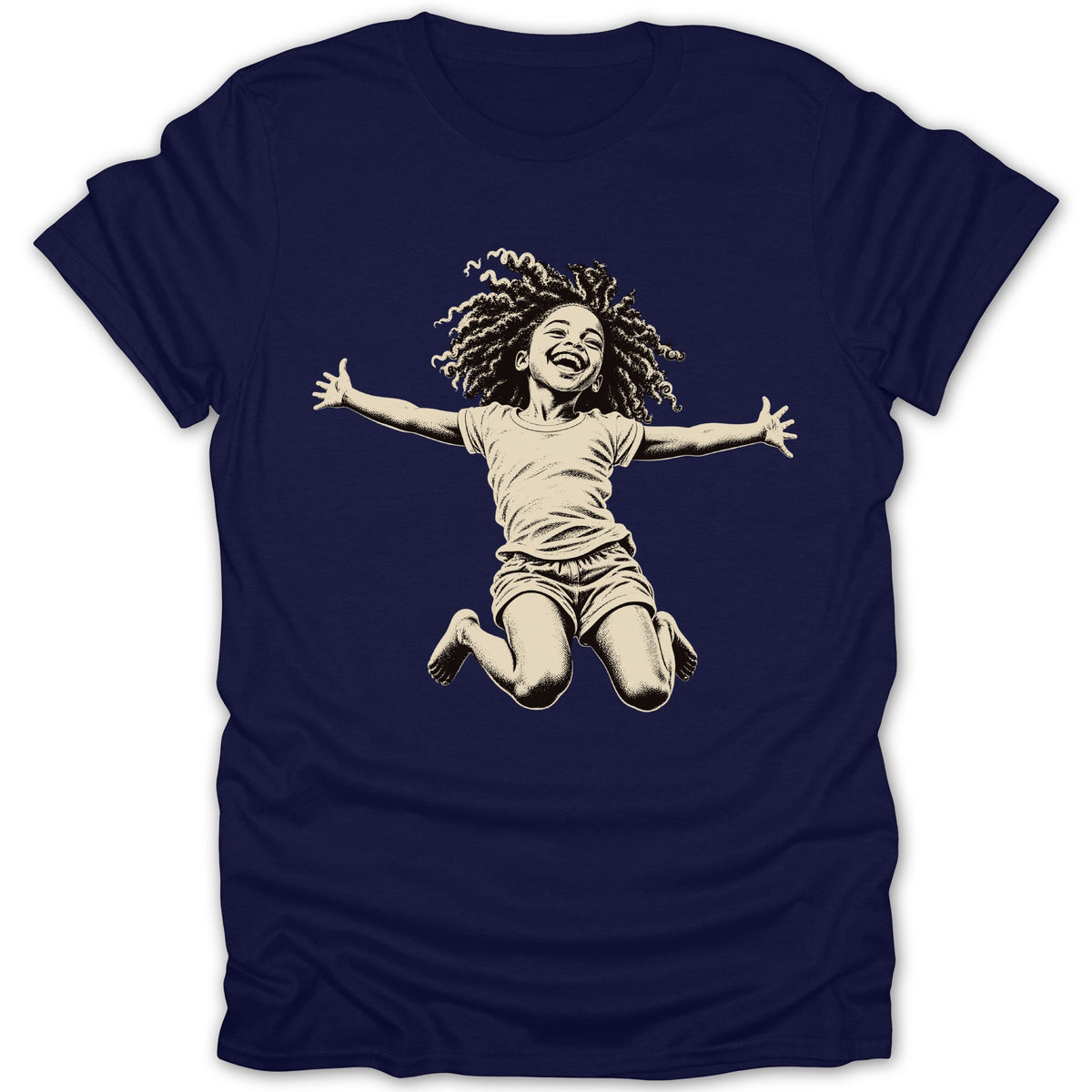 Navy t-shirt with illustration of a joyful child with afro jumping in the air.
