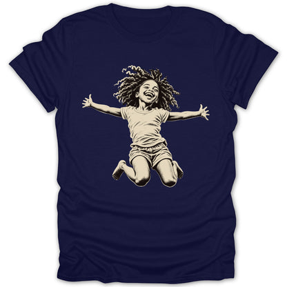 Navy t-shirt with illustration of a joyful child with afro jumping in the air.