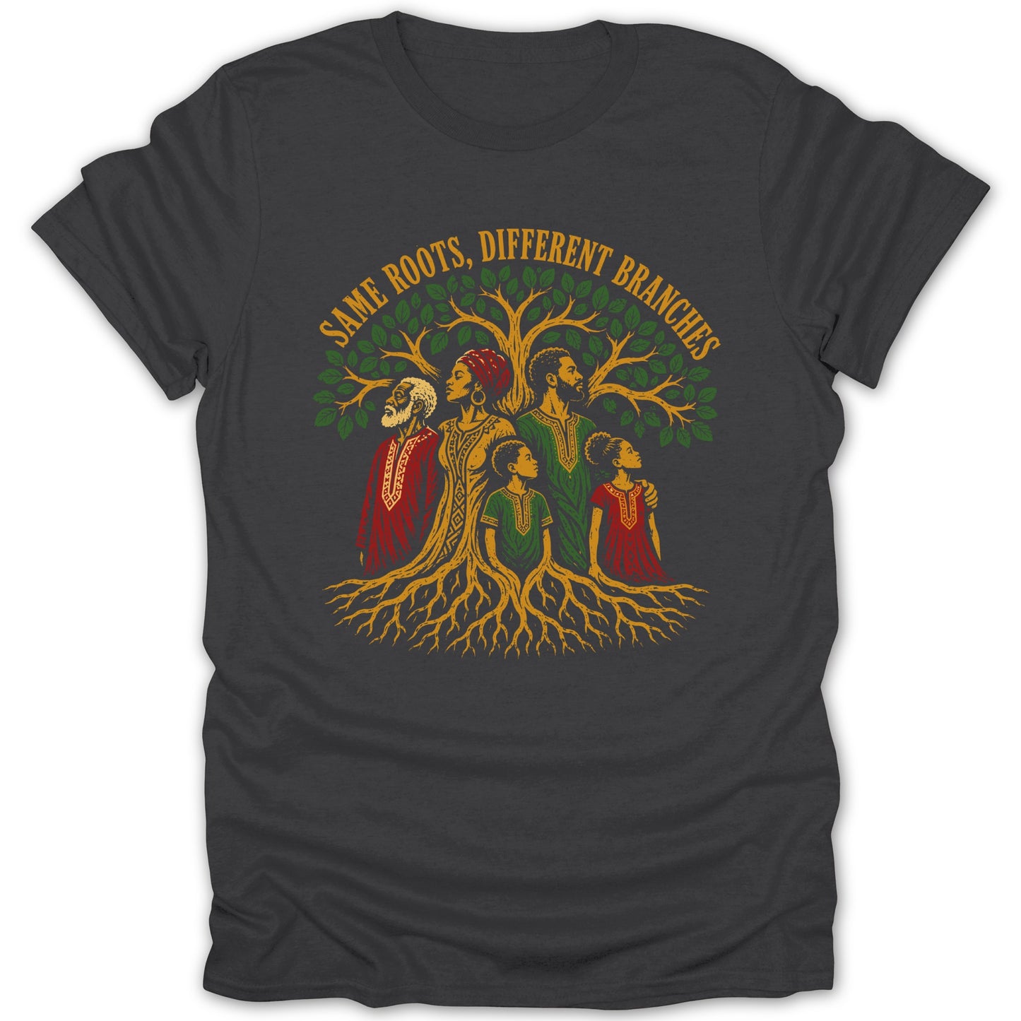Brown and green tree with family roots and text: Same Roots, Different Branches.