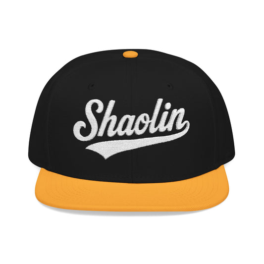 Black snapback hat with "Shaolin" embroidered in white script on the crown and an orange brim.