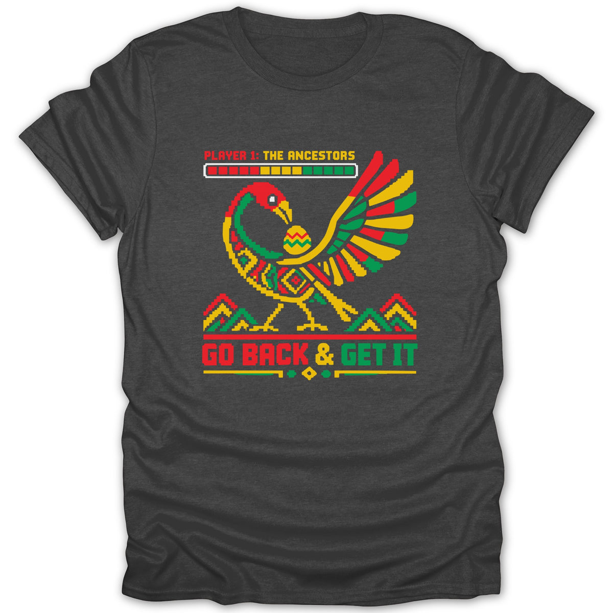 Pixel art bird in red, yellow, and green with "PLAYER 1: THE ANCESTORS" and "GO BACK & GET IT".