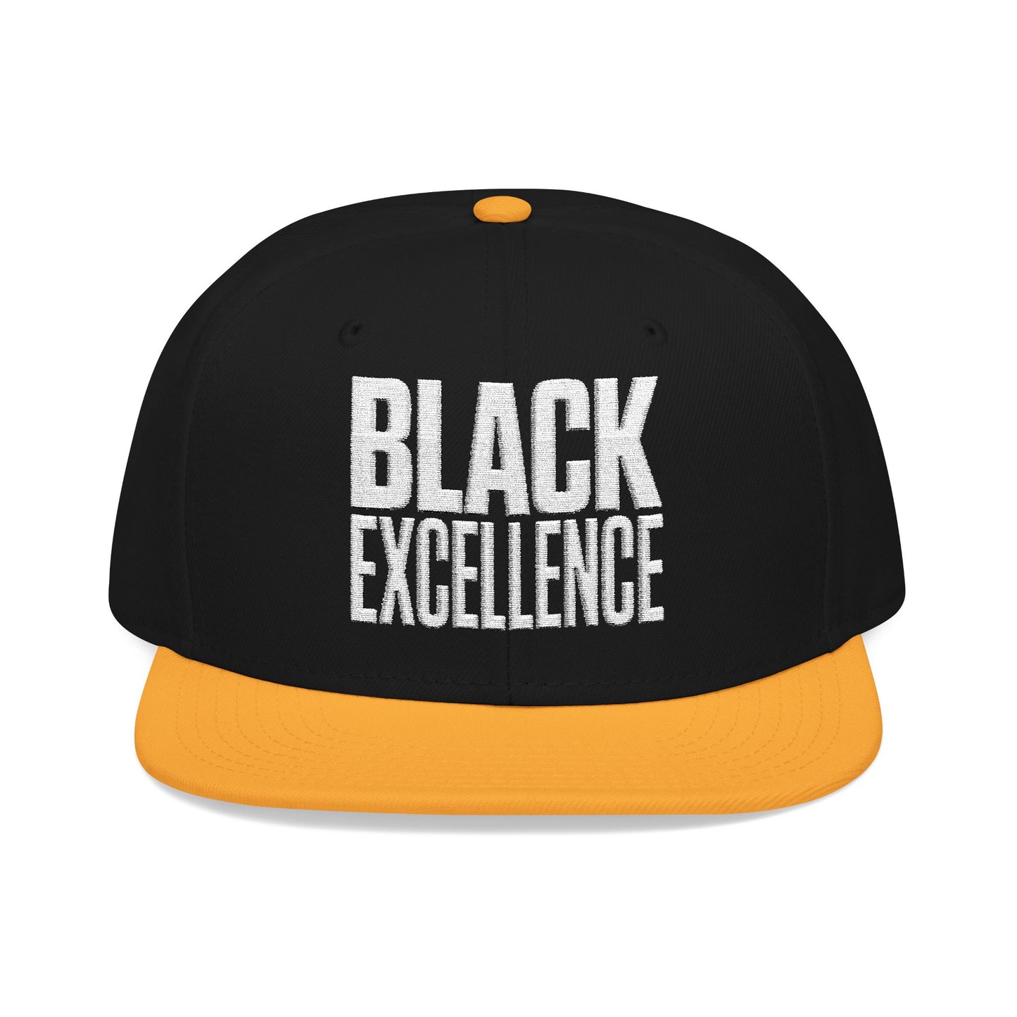 Black baseball cap with orange brim and "BLACK EXCELLENCE" embroidered in white.