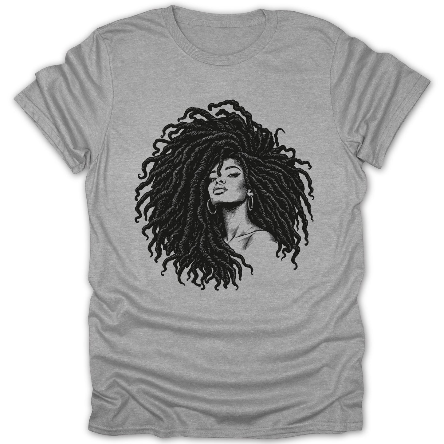 Black and white illustration of a woman with voluminous locs on a grey t-shirt.