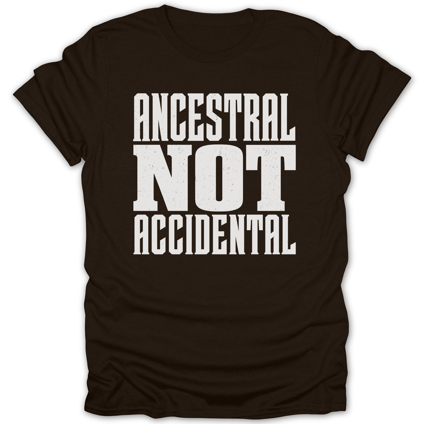 Dark brown t-shirt with white text that reads "ANCESTRAL NOT ACCIDENTAL".