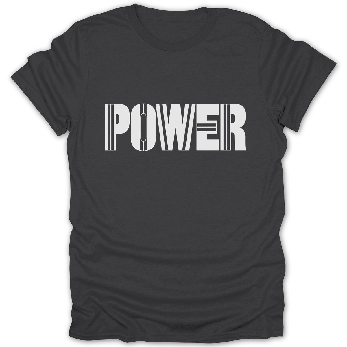 Dark grey t-shirt with white "POWER" text in a stylized font.
