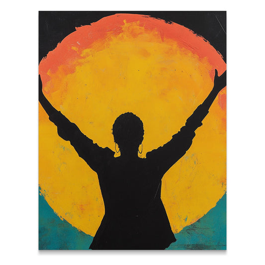 Vibrant Silhouette Woman with Raised Hands Art product