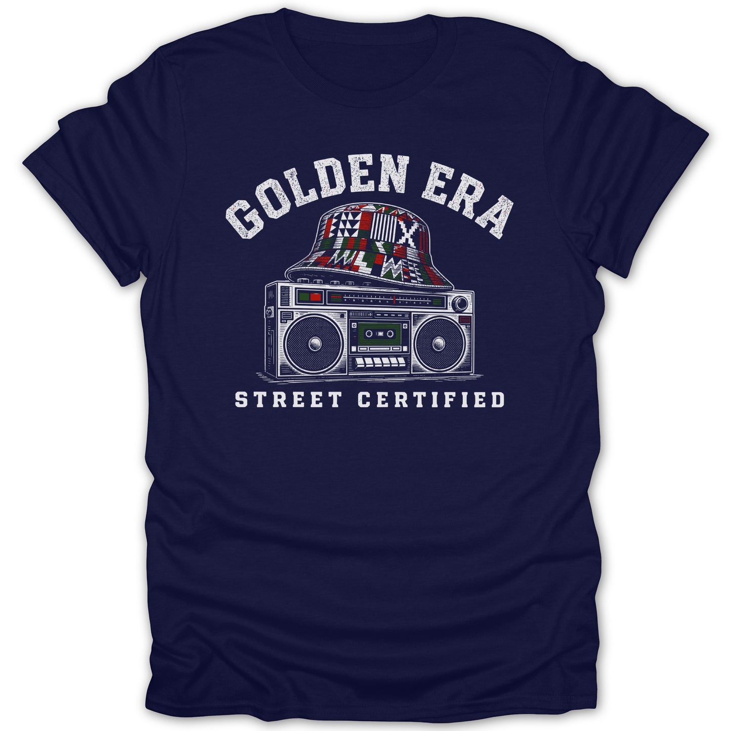 Navy t-shirt with vintage boombox and bucket hat graphic and text.