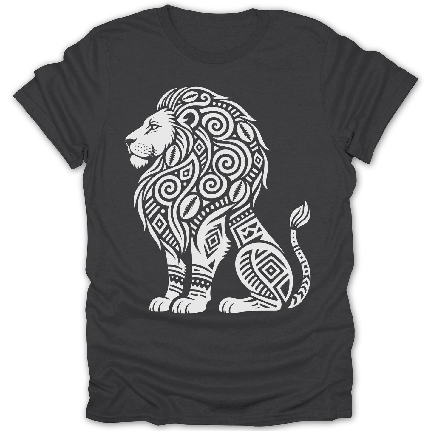 Dark t-shirt with a white, tribal-style lion design.