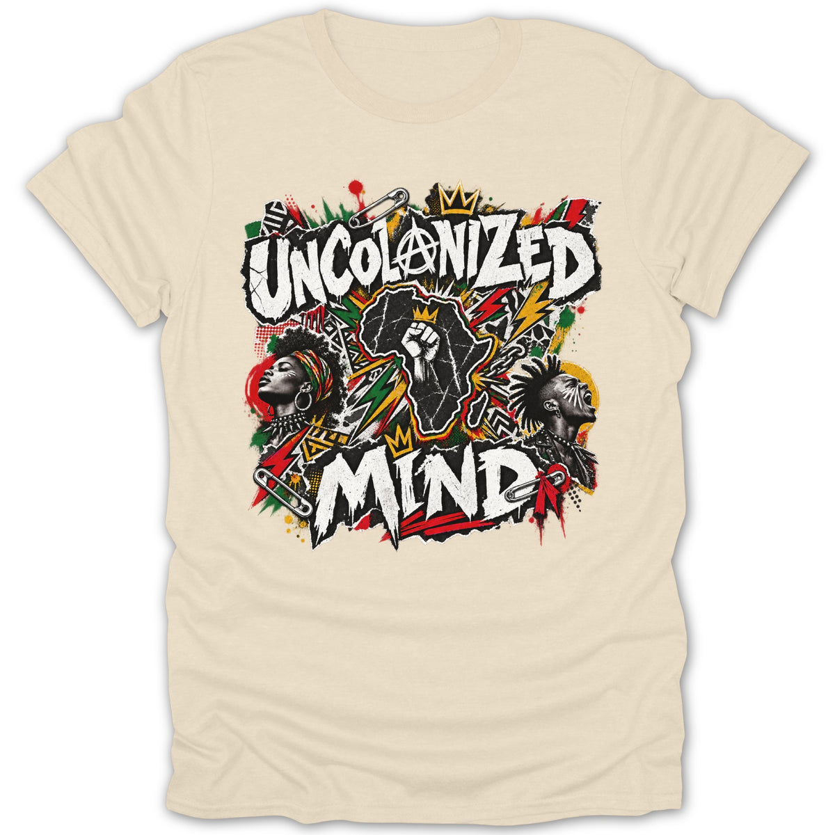 Uncolonized Mind text with African continent, fist, and two portraits on a t-shirt.