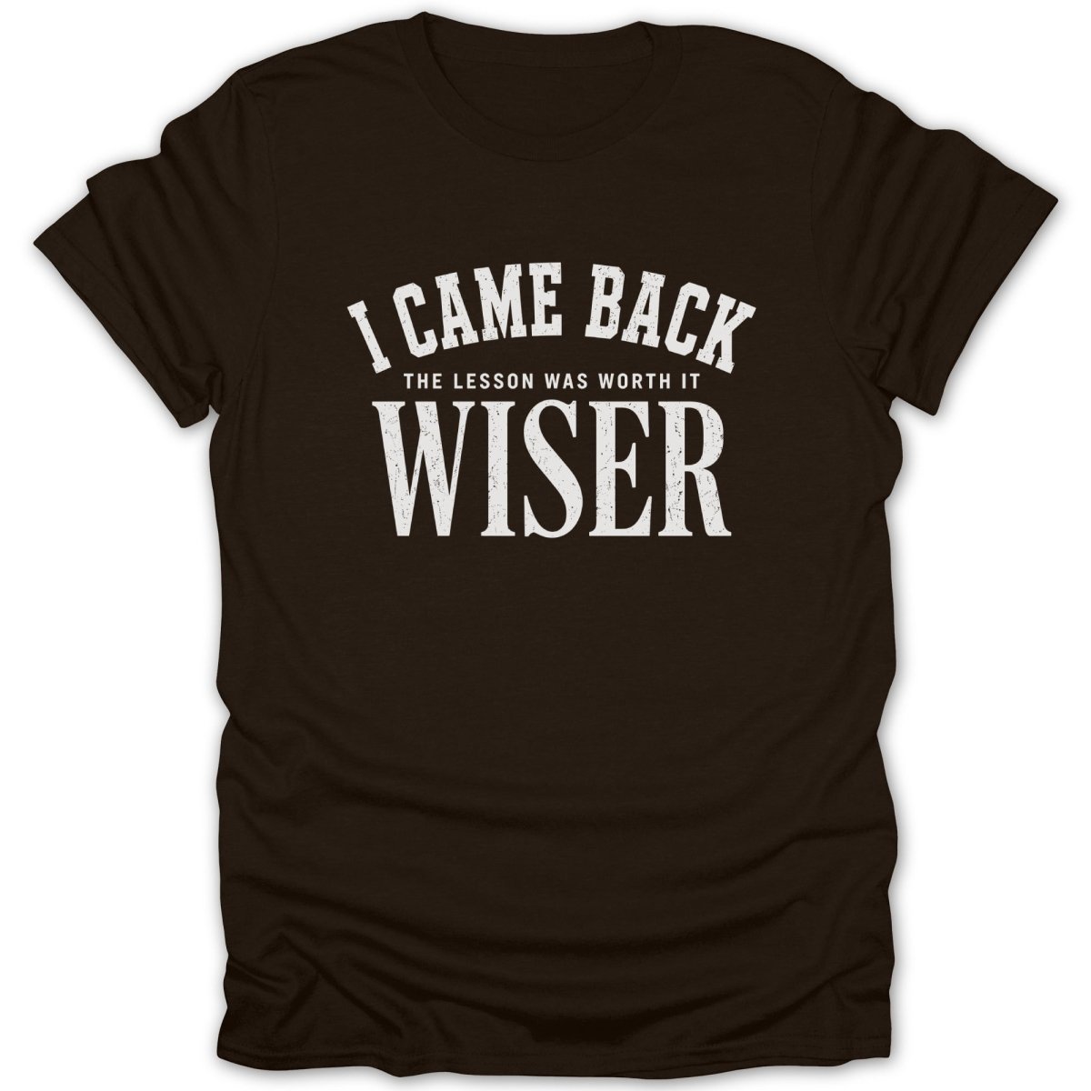 Brown t-shirt with white text reading "I CAME BACK THE LESSON WAS WORTH IT WISER".