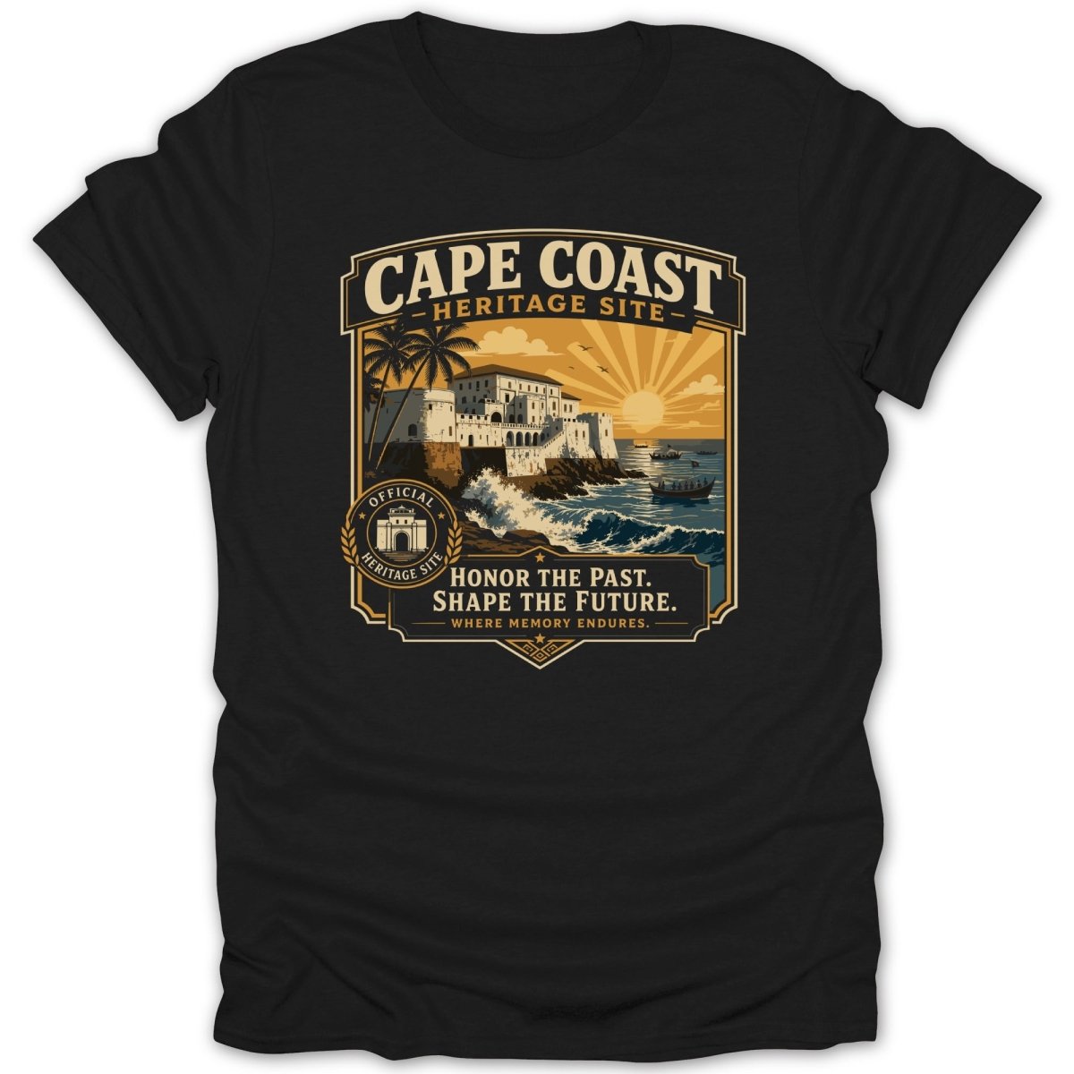 Cape Coast Heritage Site graphic with castle, sea, and sun.
