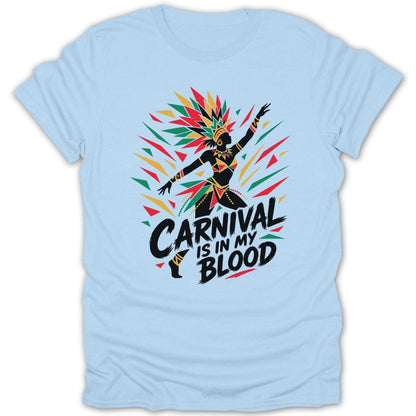 Carnival dancer silhouette with headdress and text above "CARNIVAL IS IN MY BLOOD."