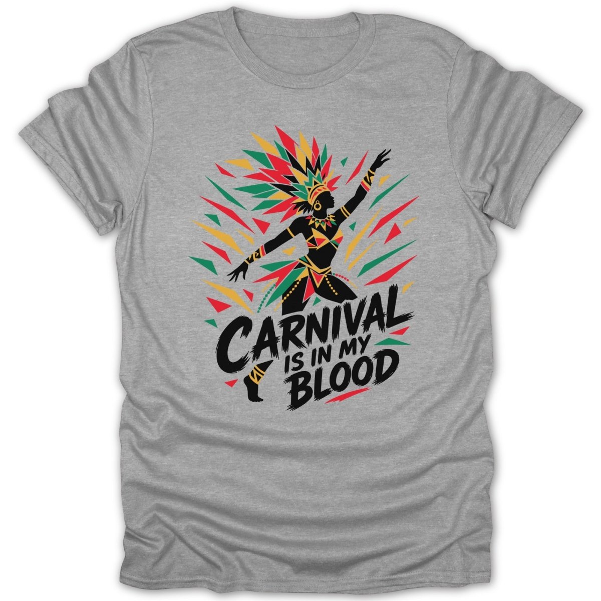Black silhouette of a dancer in carnival attire with text "Carnival Is In My Blood."