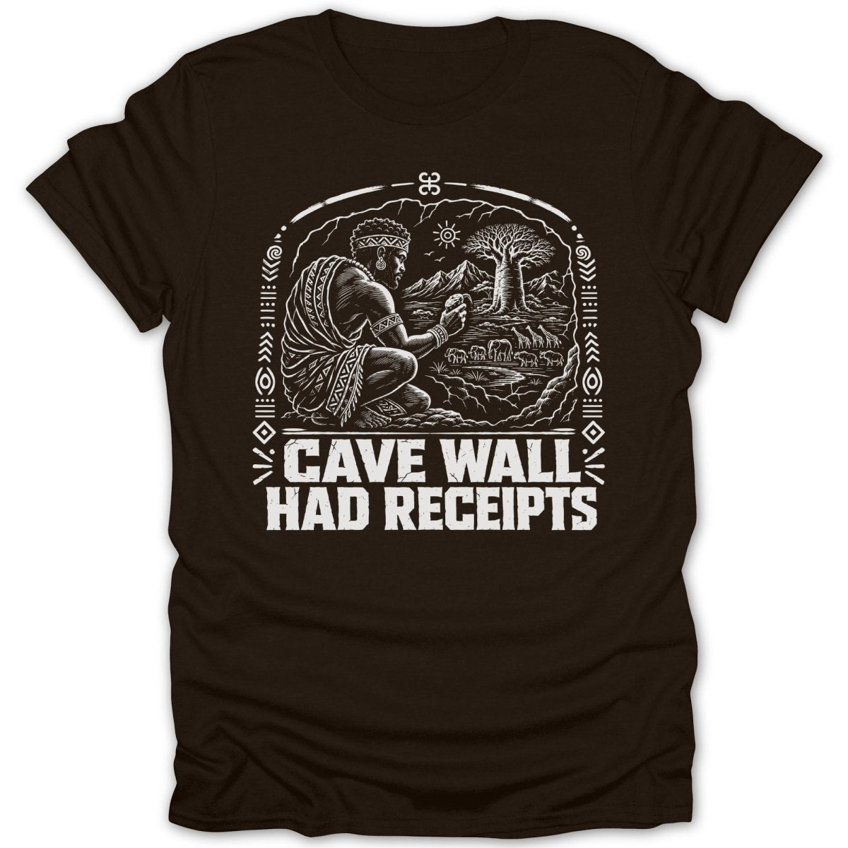 T-shirt graphic with man, elephants, and text "Cave Wall Had Receipts".
