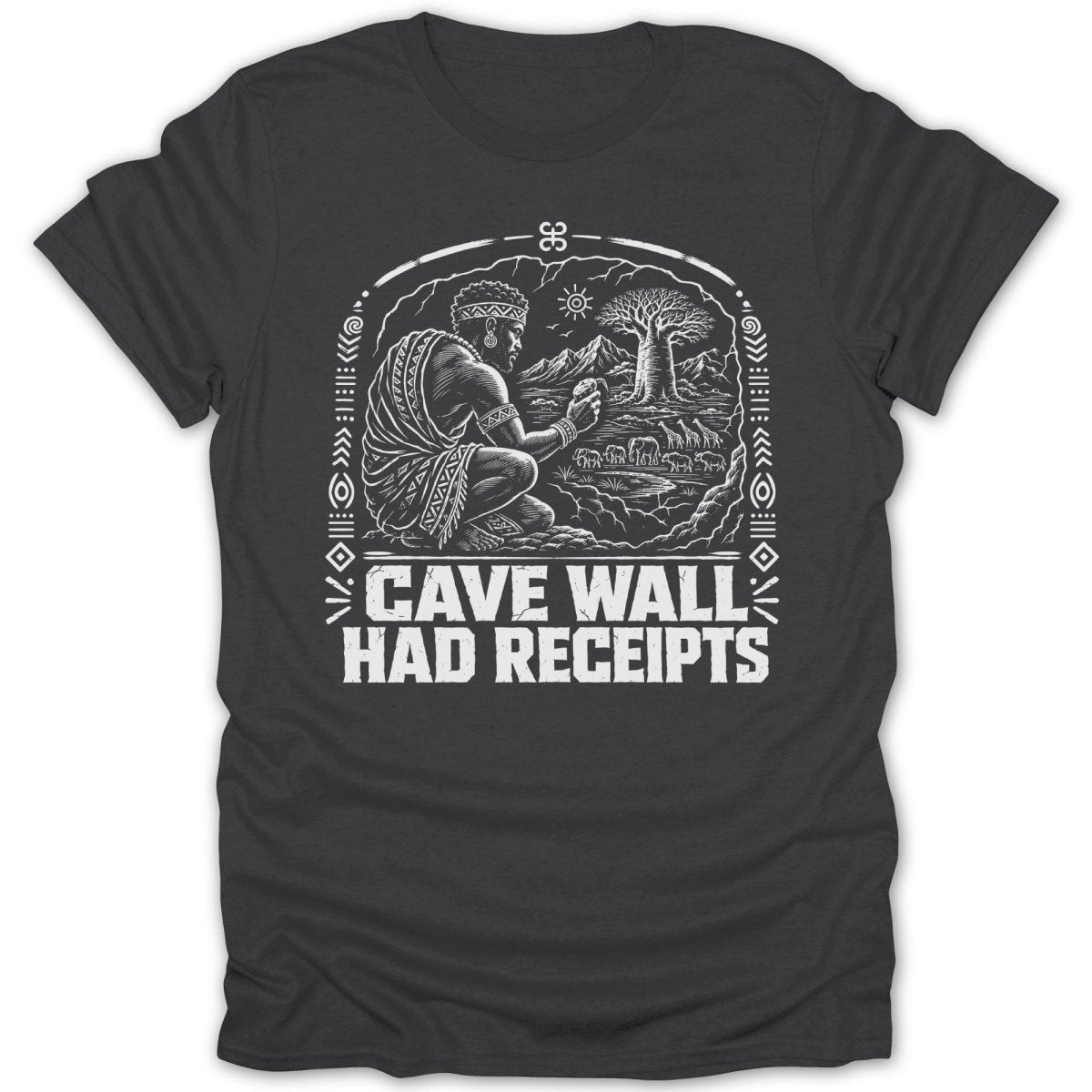 Man in traditional attire kneels by tree; cave wall sketch reads "Cave Wall Had Receipts."