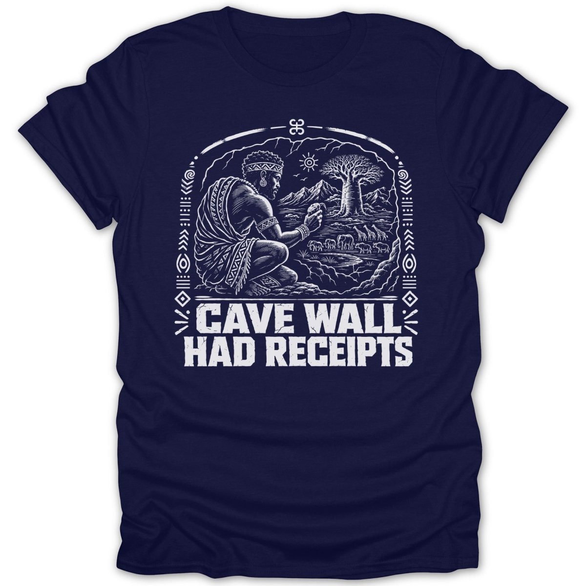 Navy t-shirt with "Cave Wall Had Receipts" graphic and tribal design.