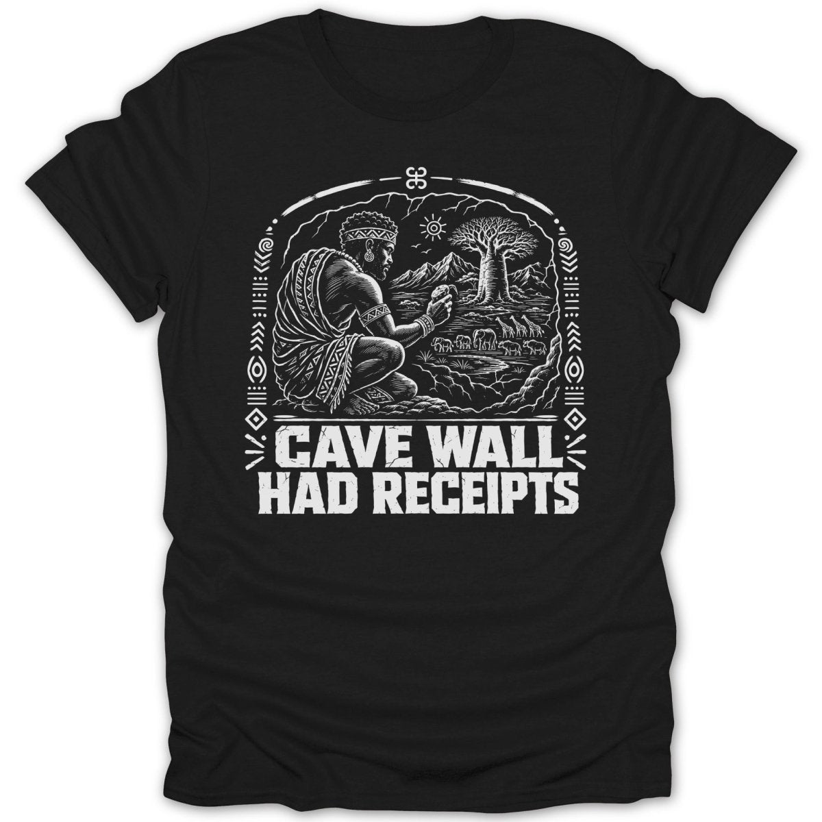 T-shirt with black background featuring cave painting-style art of a man, elephants, and trees.