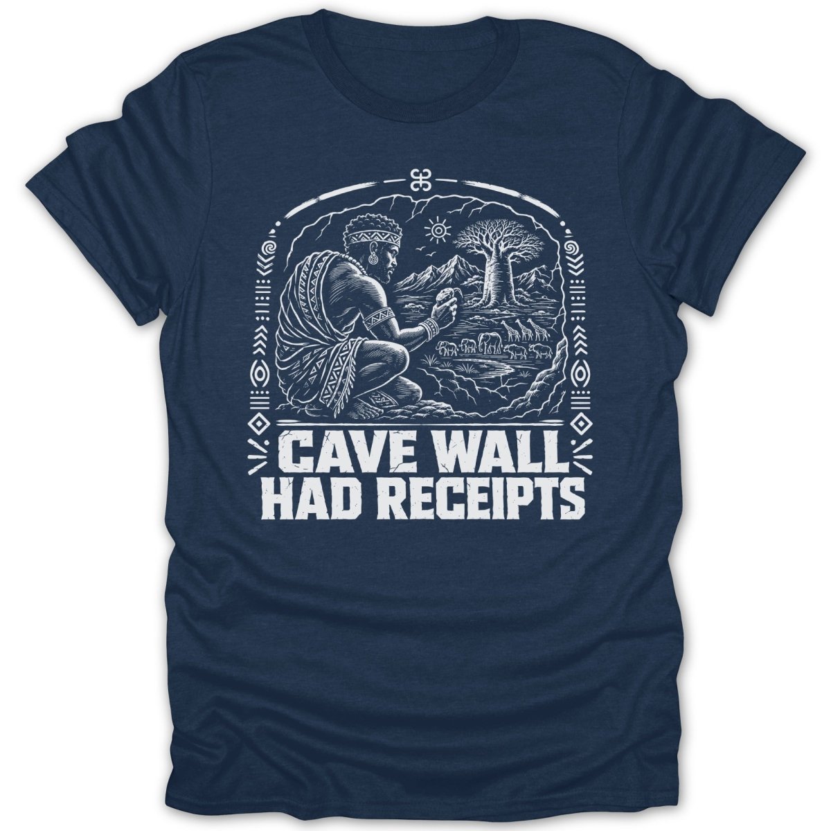 T-shirt with "Cave Wall Had Receipts" text and tribal art illustration.