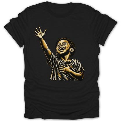 Black t-shirt with a yellow ink drawing of a laughing child with arm raised.