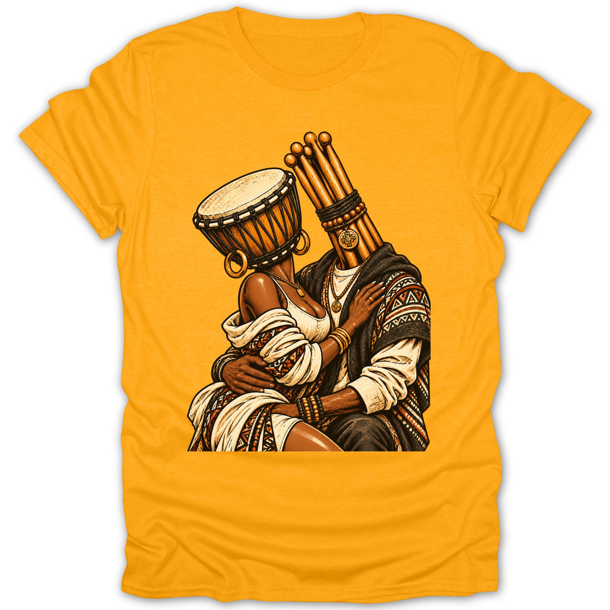 Illustration of a couple embracing, with drum and pipe heads, on a yellow t-shirt.