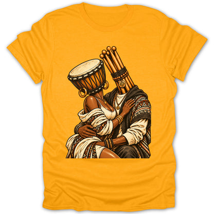 Illustration of a couple embracing, with drum and pipe heads, on a yellow t-shirt.