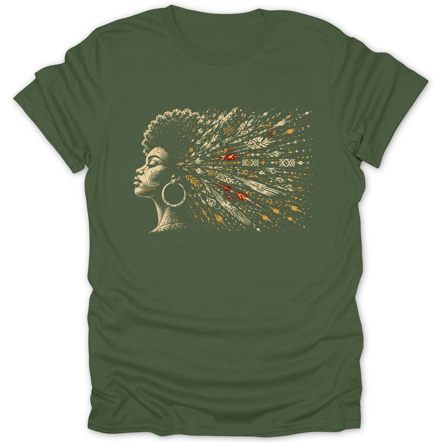 Green t-shirt with a profile illustration of a woman with abstract patterns emanating from her hair.