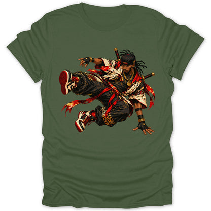 Artwork of a leaping samurai-inspired character in dynamic pose with swords.