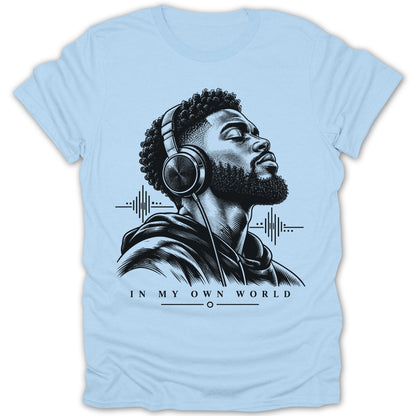 Illustration of man with headphones and text "IN MY OWN WORLD".