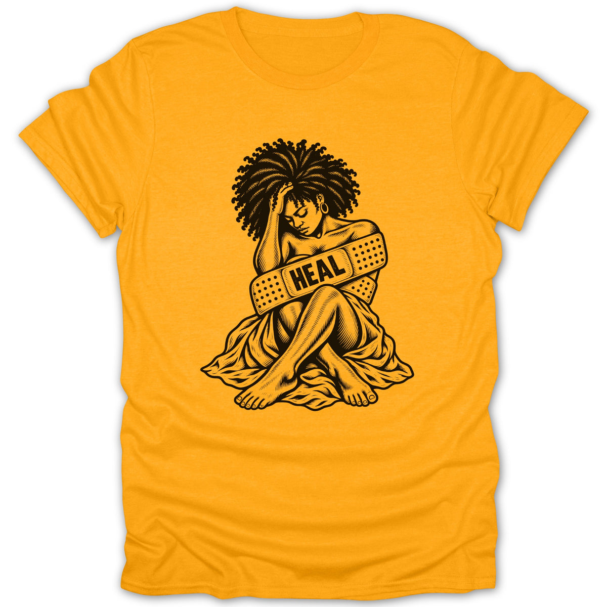 Black and white illustration of a woman with text "HEAL" on a band-aid on an orange t-shirt.