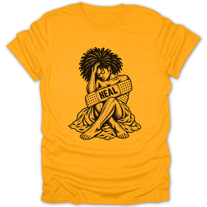 Black and white illustration of a woman with text "HEAL" on a band-aid on an orange t-shirt.