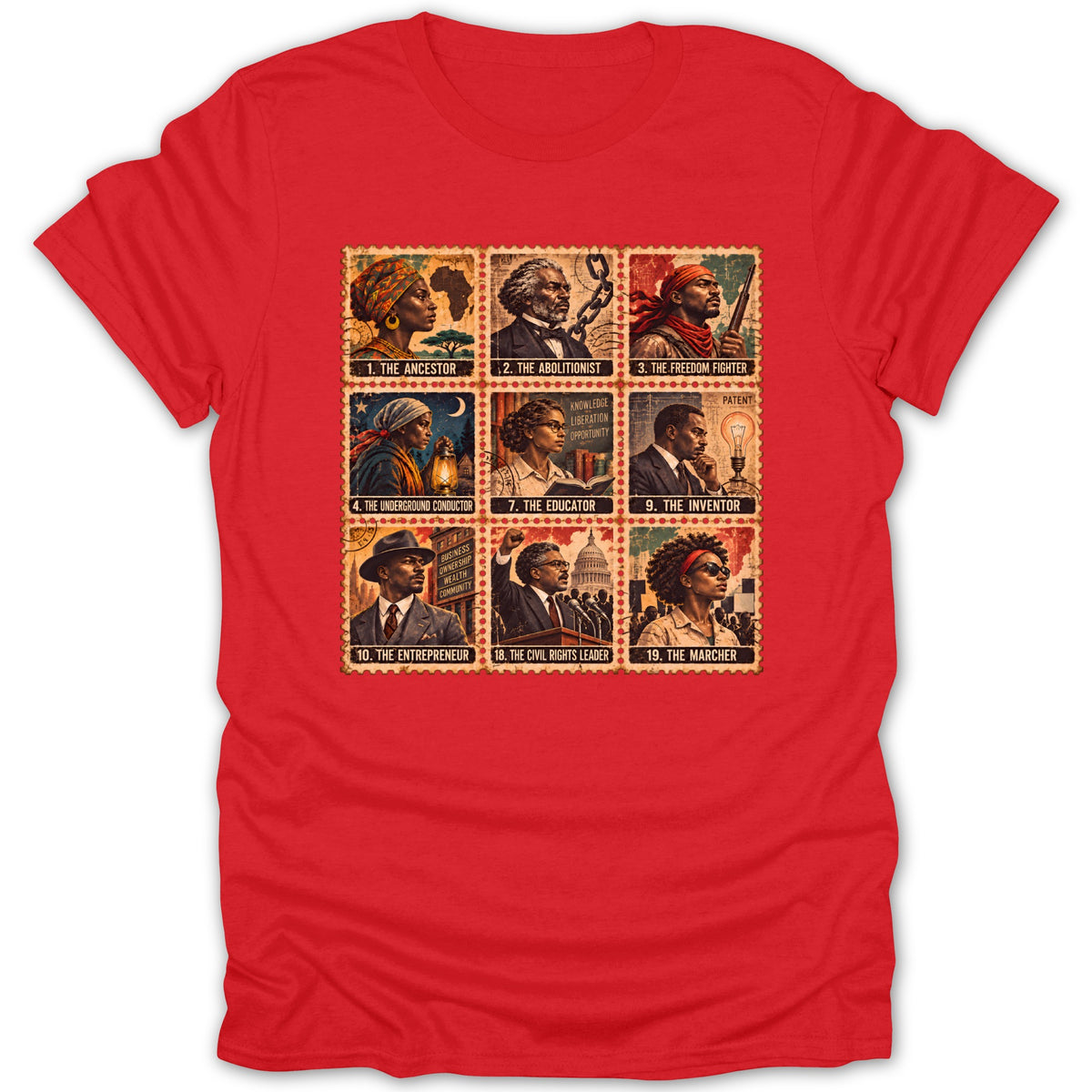 Red t-shirt with a grid of nine stamp-like images depicting historical Black figures.